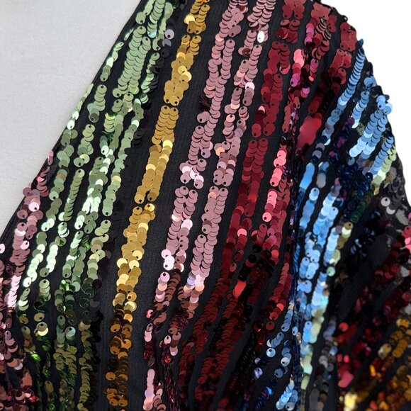 NWOT MANGO Sequin Rainbow Striped Dress – Deep V-Neck Party Dress - Picture 4 of 8